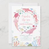オンデア ザ シー ピンク オーシャン アニマルズ 1歳の誕生日 招待状 (正面)