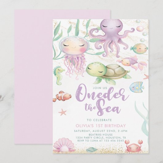 オンデア ザ シー 1歳の誕生日 アンダーザシー パープル 招待状 (正面/裏面)