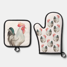 オンドリの水色の手スケッチ 鍋つかみ&鍋敷きセット