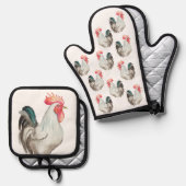 オンドリの水色の手スケッチ 鍋つかみ&鍋敷きセット (正面/裏面)