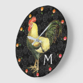 オンドリの白黒のダマスク織のモノグラム ラージ壁時計 (傾斜)