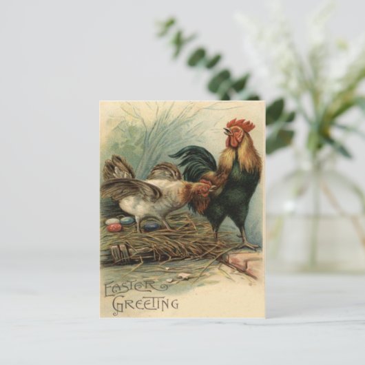オンドリの雌鶏のイースターによって着色される色彩の鮮やかな卵の巣 シーズンポストカード (スタンド正面)