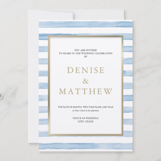 オンファロデス ブルー ウォーターカラー ストライプ & ゴールド レタリング 招待状 (正面)