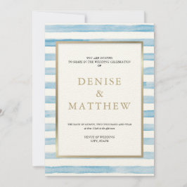 オンファロデス ブルー ウォーターカラー ストライプ & ゴールド レタリング 招待状