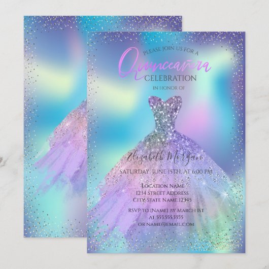 オンブレドレス、コンフェッティホログラフィックのキンセアニエラ 招待状 (正面/裏面)