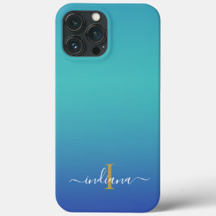 オンブレ・モノグラム ブルー・ターコイズ スクリプト 名前入り iPhone 13 PRO MAXケース