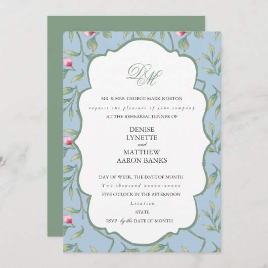 オンポロジーズ ブルーとバジル グリーン リハーサル ディナー 招待状 (正面/裏面)