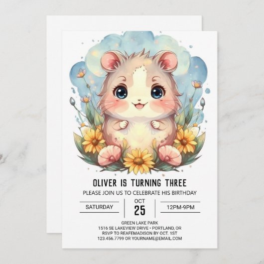 オンライエレガントンハムスター誕生日 招待状 (正面/裏面)