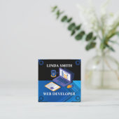 オンラインくもの巣デベロッパーSocial Media Managerブルー スクエア名刺 (スタンド正面)