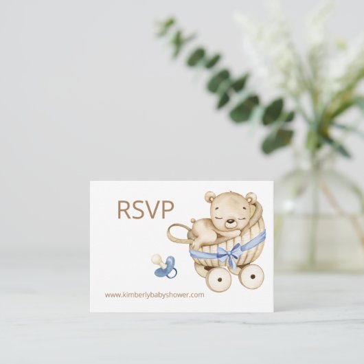 オンラインで出欠確認 テディベア 赤ちゃん 男の子 ベア 赤ちゃんのシャワー エンクロージャーカード (スタンド正面)