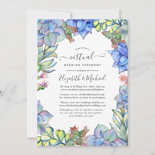 オンラインの仮想デバイスの青い水色の結婚多肉 招待状 (正面)