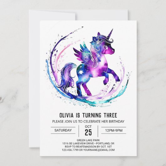 オンラインカスタムユニコーンデジタル誕生日 招待状 (正面)