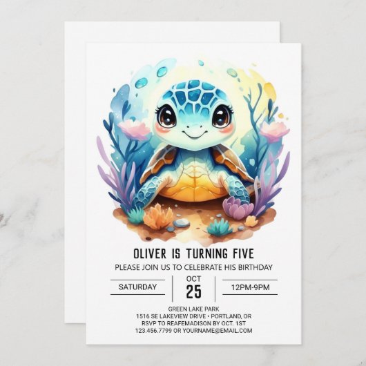 オンラインパステル水中競技タートルボーイ誕生日 招待状 (正面/裏面)