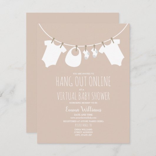 オンライン仮想ピンクガール赤ちゃんシャワー物干し 招待状 (正面/裏面)
