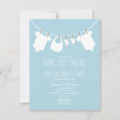 オンライン仮想ベビーシャワーの衣類ライン 青 招待状 (正面)