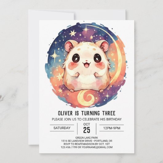 オンライン水彩ハムスター誕生日 招待状 (正面)