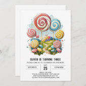 オンライン編集可能棒つきキャンデー誕生日 招待状 (正面/裏面)