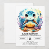 オンライン パステル アクアティック タートル ボーイ バースデー 招待状 (正面/裏面)