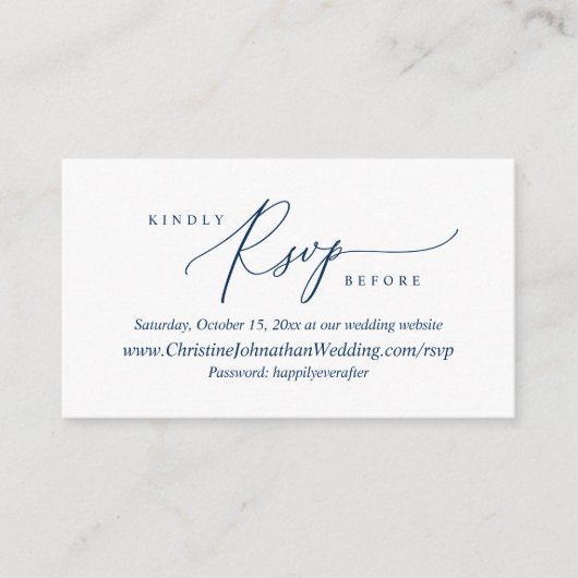 オンラインRSVP、モダンシンプルNavy Blue Script エンクロージャーカード (正面)