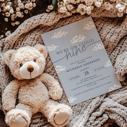 『オン・クラウド・ナイン』 手描きの雲 ベビーシャワー 招待状