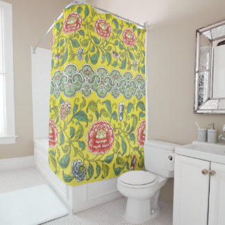 オーウェンジョーンズ牡丹の黄色の背景 シャワーカーテン