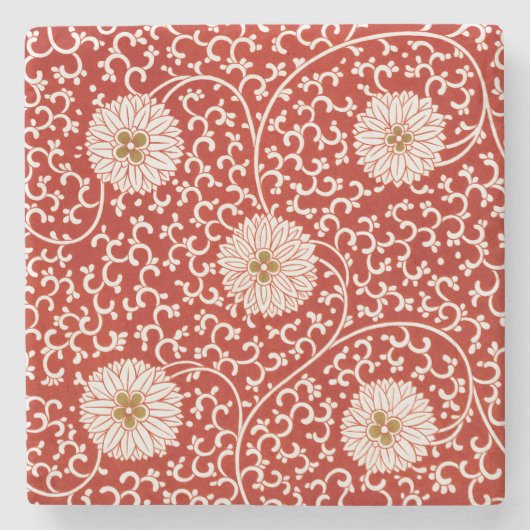オーウェン・ジョーンズ チャイニーズ オーナメント レッド ホワイト フラワリー ストーンコースター (正面)
