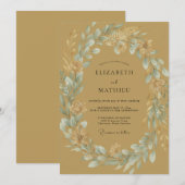 オーカーとペリウィンクルのリースの結婚式 招待状 (正面/裏面)