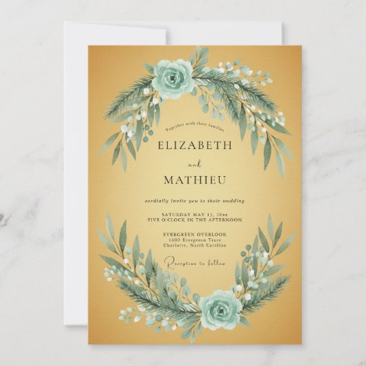 オーカーアクアの葉とユーカリのウェディング 招待状 (正面)