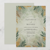 オーカーゴールドのユーカリの枝の結婚式 招待状 (正面/裏面)