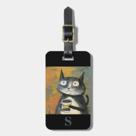 オーカー地にグレーねこ＋コーヒーのモノグラム ラゲッジタグ