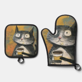 オーカー地にコーヒーのある灰色の猫 鍋つかみ&鍋敷きセット