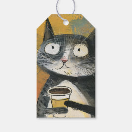 オーカー地にコーヒーを持つグレー猫 ギフトタグ