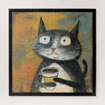 オーカー地にコーヒーを持つグレー猫