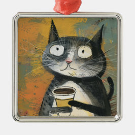 オーカー地にコーヒーを持つグレー猫 メタルオーナメント