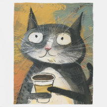 オーカー地にコーヒーを飲むグレー猫