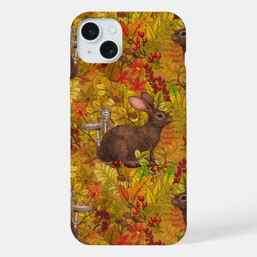 オーカー色の背景に佇む秋うさぎ iPhoneケース (裏面)