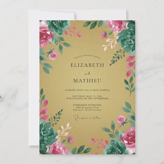 オーカー マゼンタの芍薬の結婚式 招待状 (正面)