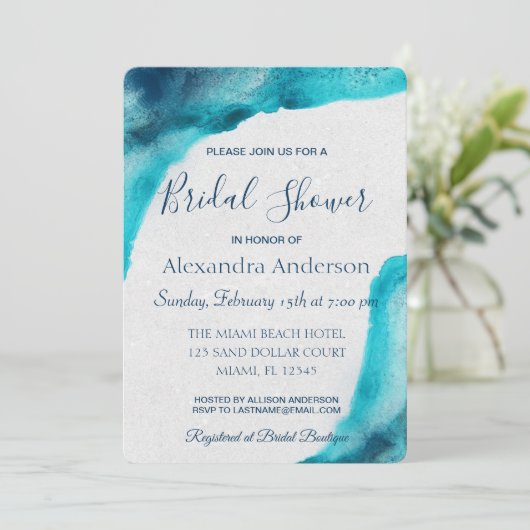 オーガニック海ブルーウォーター色ブライダルシャワー招待状 招待状 (スタンド正面)