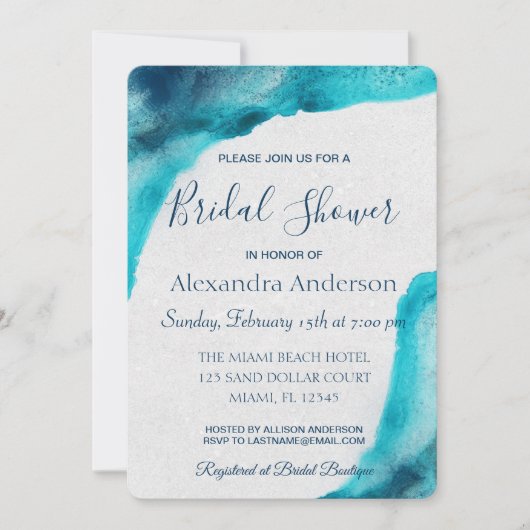 オーガニック海ブルーウォーター色ブライダルシャワー招待状 招待状 (正面)