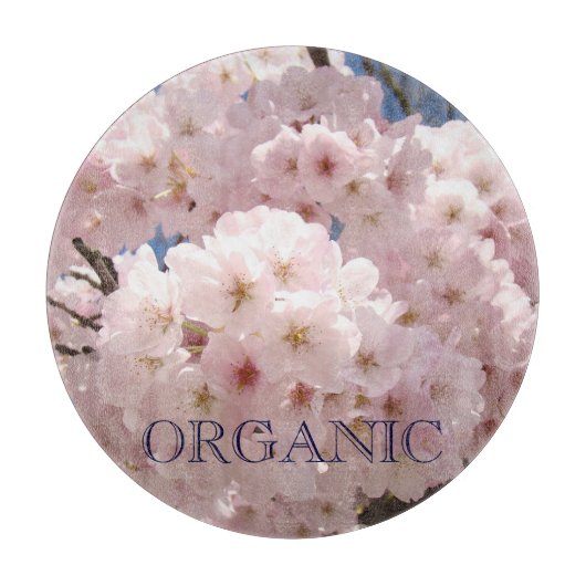 オーガニック ガラス製まな板 ピンクの木の花 カッティングボード (正面)