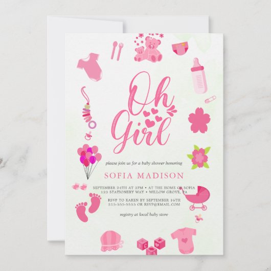 オーガールキュートピンクフレームベビーシャワー 招待状 (正面)