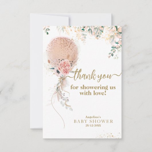 オーガールピンクバルーンフローラユーカリ赤ちゃんシャワー サンキューカード (正面)