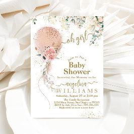 オーガールピンクバルーンフローラユーカリ赤ちゃんシャワー 招待状
