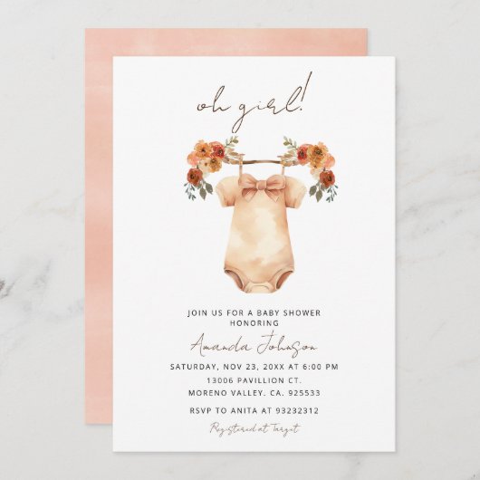 オーガールボホ赤ちゃん服ベビーシャワー招待状 招待状 (正面/裏面)