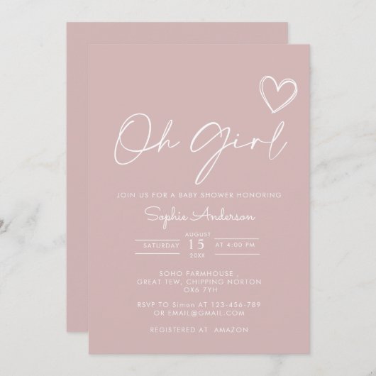 オーガールミニマリストモダンベビーシャワー 招待状 (正面/裏面)