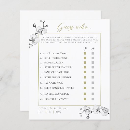 オーキエレガントッドフレームブライダルシャワー推測Who Game (正面/裏面)
