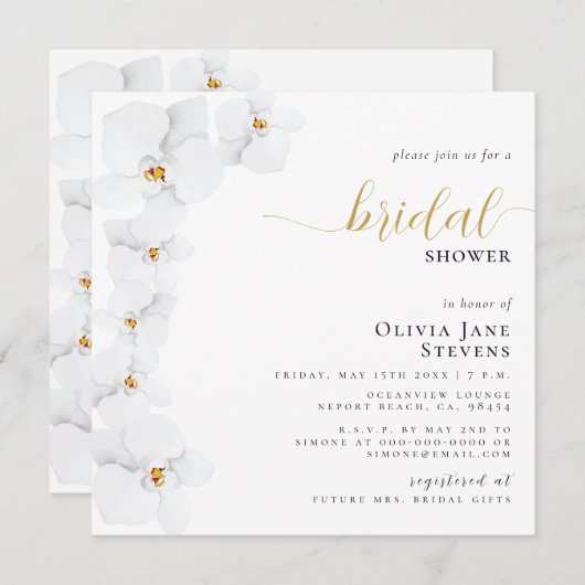 オーキエレガントッドブライダルホワイトフローラブライダルシャワー 招待状 (正面/裏面)