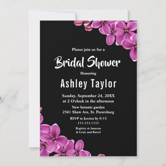 オーキッエレガントドフラワーブラックフローラブライダルシャワー 招待状 (正面)