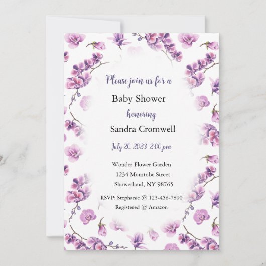 オーキッドの招待状、ベビー ブライダル シャワー、誕生日 招待状 (正面)