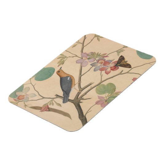 オーキッドの枝の上の地面のツグミと蛾 マグネット (左側)